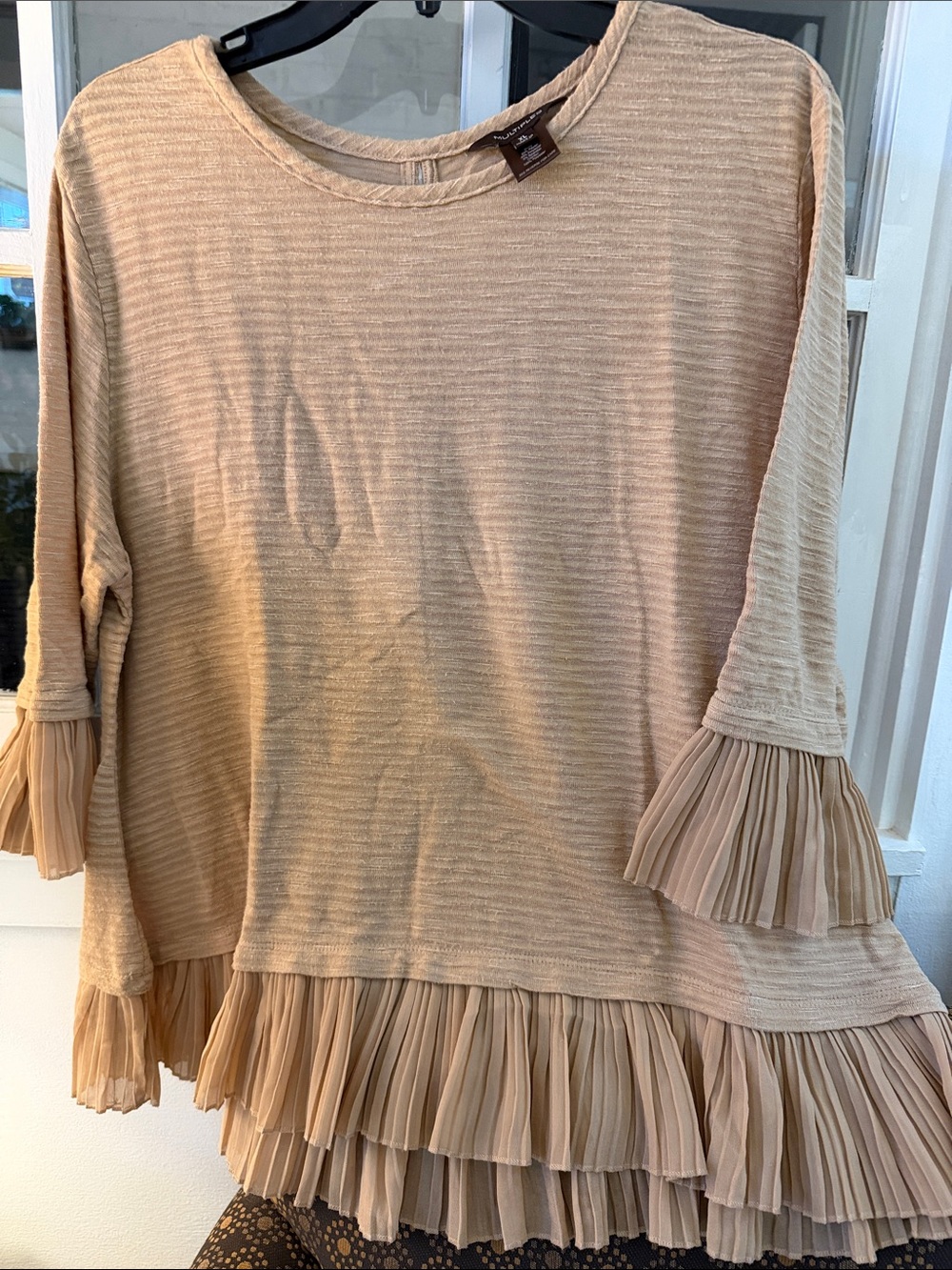 Multiples Beige Pleated Ruffle-Hem Tunic
